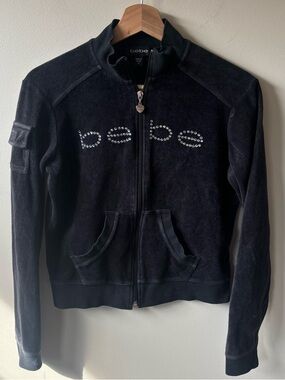 Bebe Black Velour Zip Up Sweatshirt